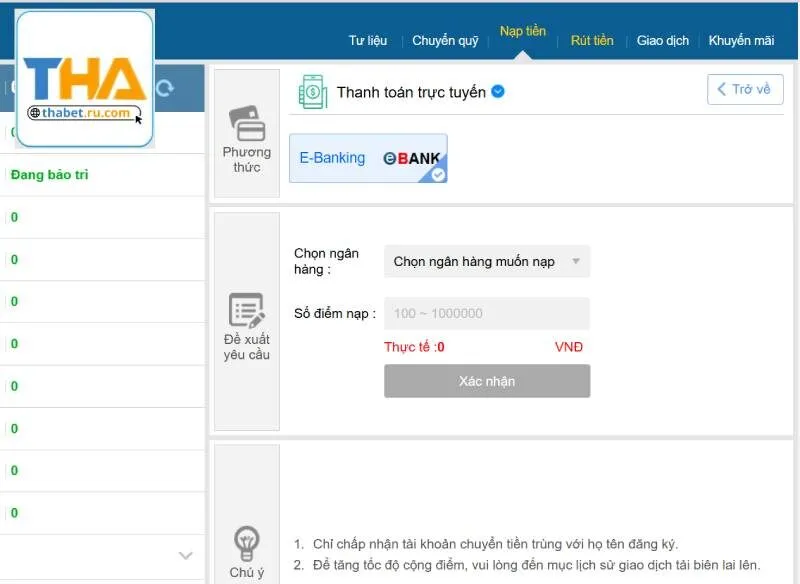Cách mở khóa nạp tiền tại nhà cái Thabet